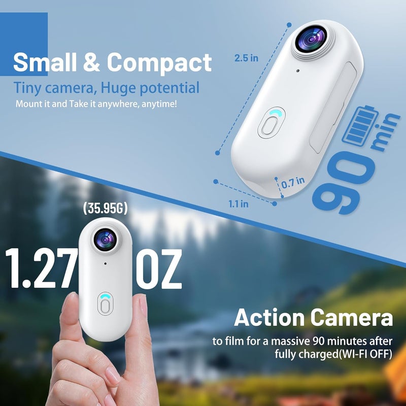 Intepoll كاميرا POV ميني واي فاي 4K بحجم 128GB محمولة قابلة للارتداء مع كاميرا فيديو مقاومة للماء IPX7، حامل خوذة، مغناطيسي، DV رياضي جيب للدراجات، الحيوانات الأليفة، الفلوجينغ (أبيض) - Image 2